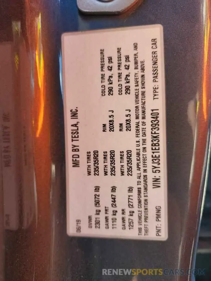12 Photograph of a damaged car 5YJ3E1EB3KF393401 TESLA MODEL 3 2019