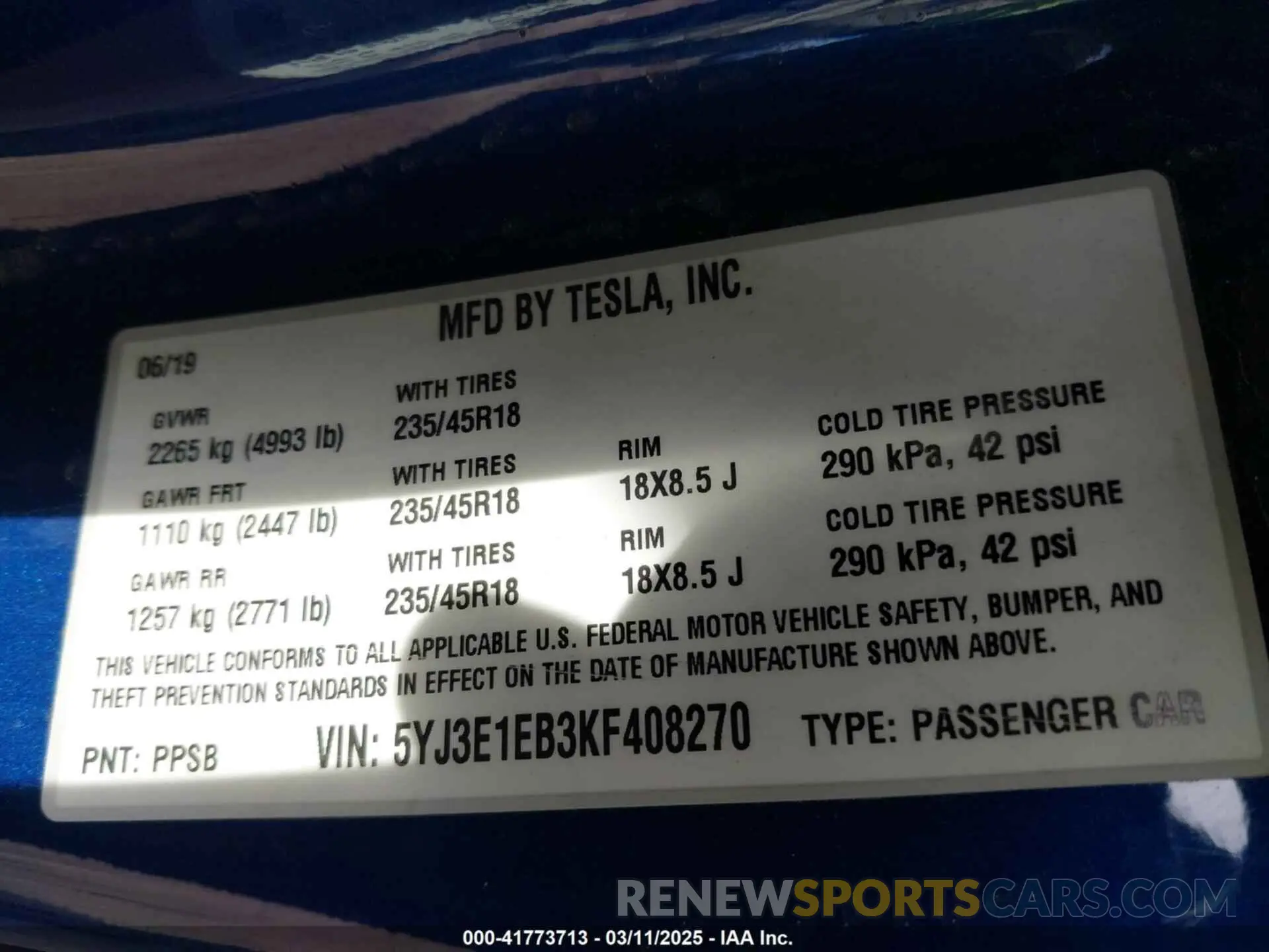 9 Photograph of a damaged car 5YJ3E1EB3KF408270 TESLA MODEL 3 2019