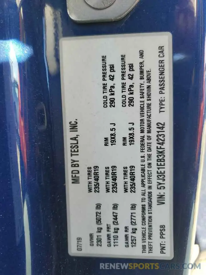 13 Photograph of a damaged car 5YJ3E1EB3KF423142 TESLA MODEL 3 2019