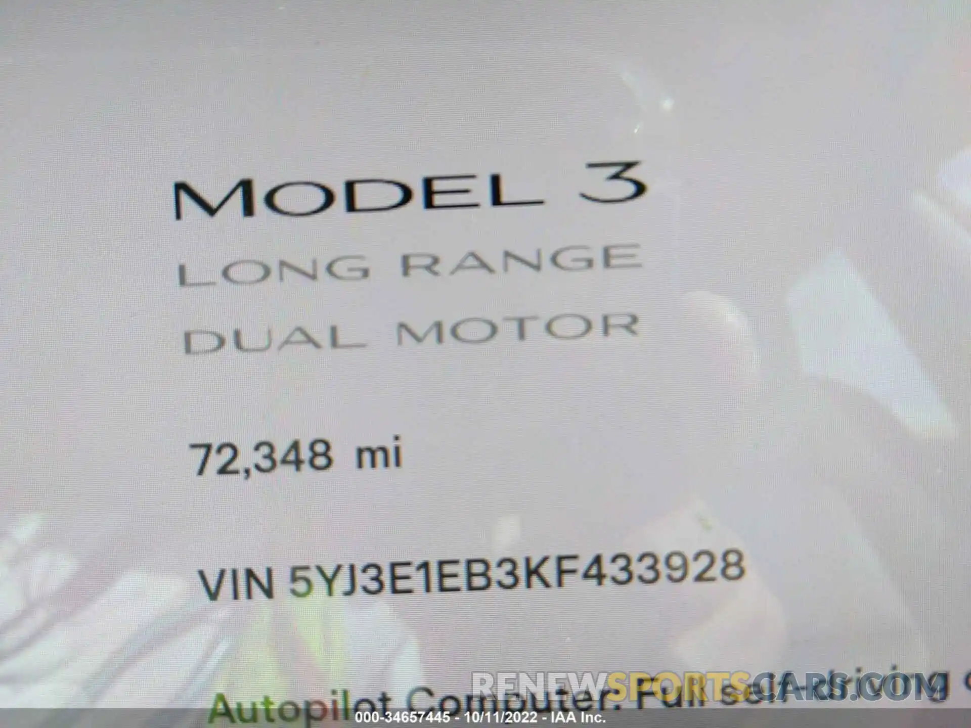 7 Photograph of a damaged car 5YJ3E1EB3KF433928 TESLA MODEL 3 2019