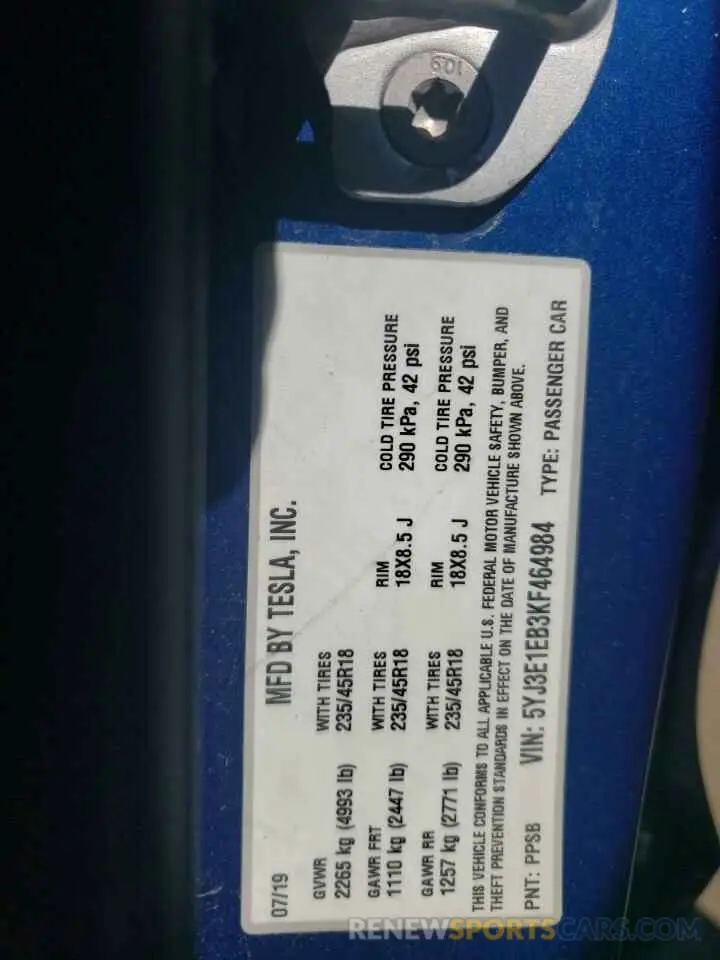 12 Photograph of a damaged car 5YJ3E1EB3KF464984 TESLA MODEL 3 2019