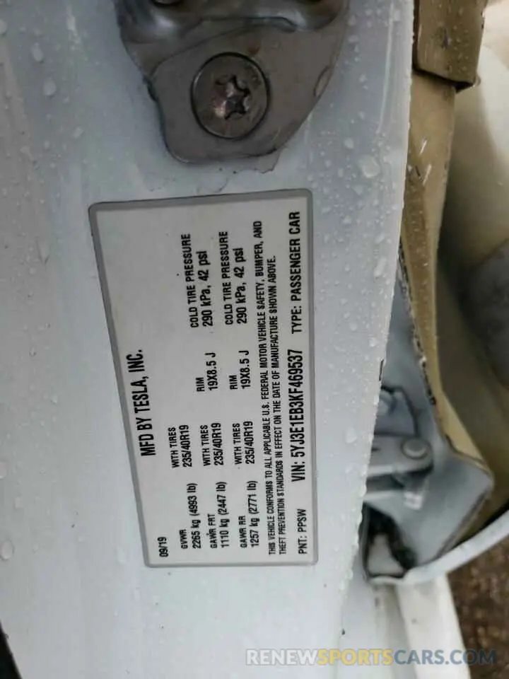 12 Photograph of a damaged car 5YJ3E1EB3KF469537 TESLA MODEL 3 2019