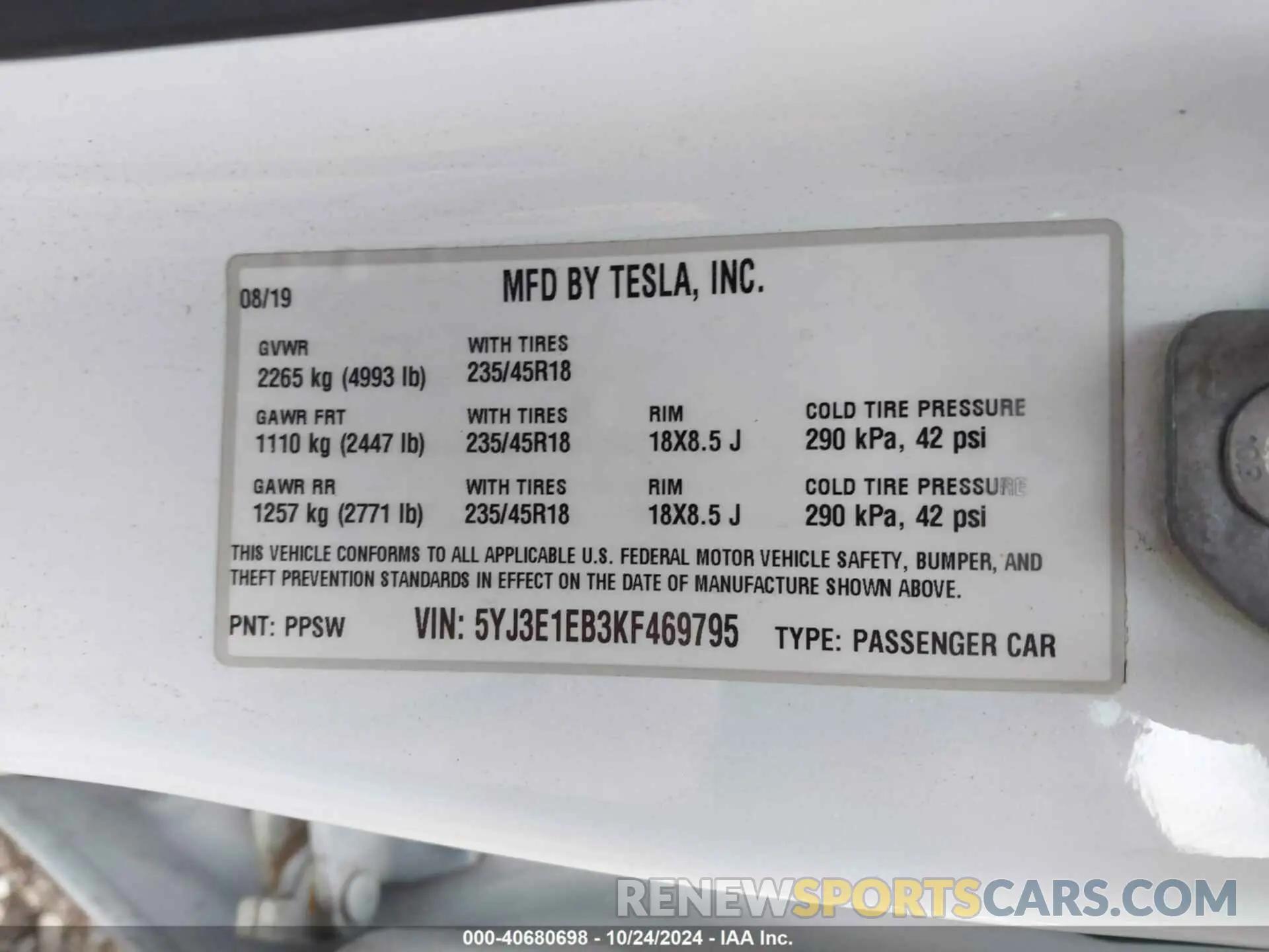 9 Photograph of a damaged car 5YJ3E1EB3KF469795 TESLA MODEL 3 2019