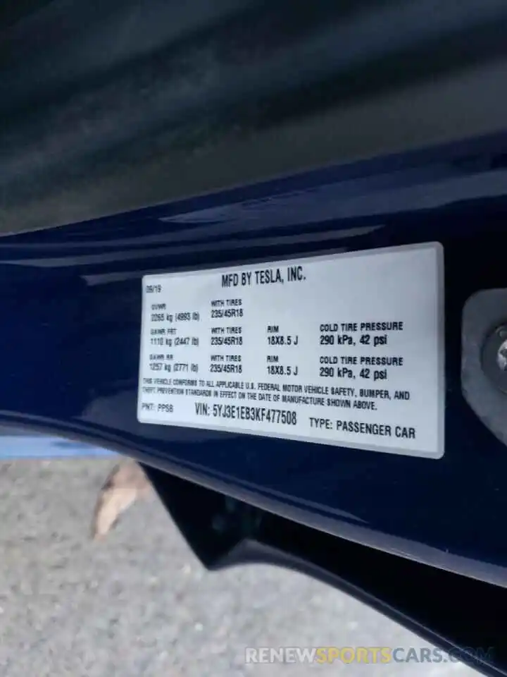 10 Photograph of a damaged car 5YJ3E1EB3KF477508 TESLA MODEL 3 2019