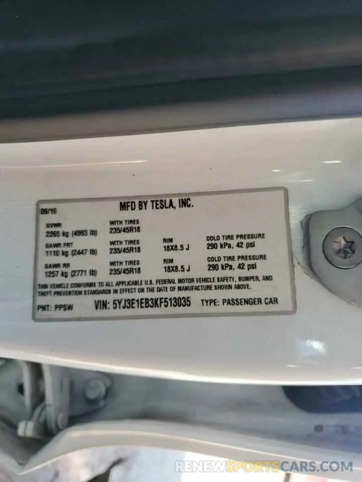 14 Photograph of a damaged car 5YJ3E1EB3KF513035 TESLA MODEL 3 2019