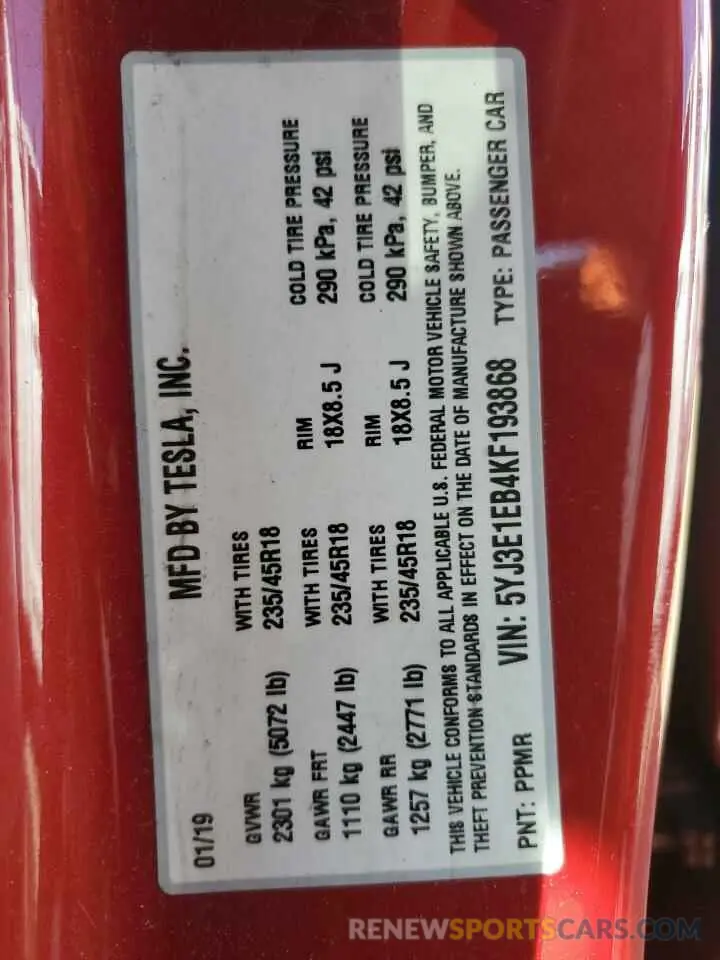 12 Photograph of a damaged car 5YJ3E1EB4KF193868 TESLA MODEL 3 2019