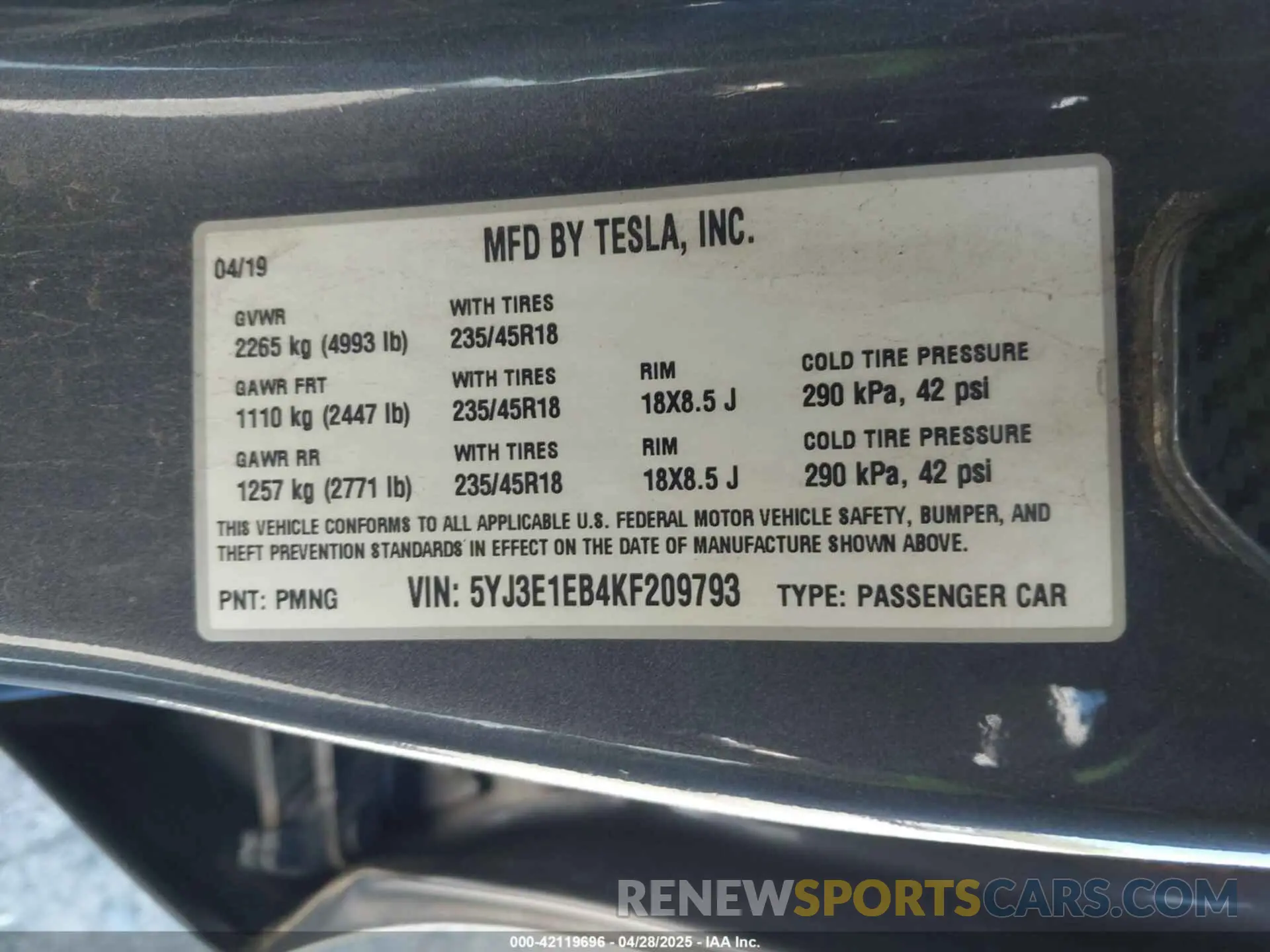 9 Photograph of a damaged car 5YJ3E1EB4KF209793 TESLA MODEL 3 2019