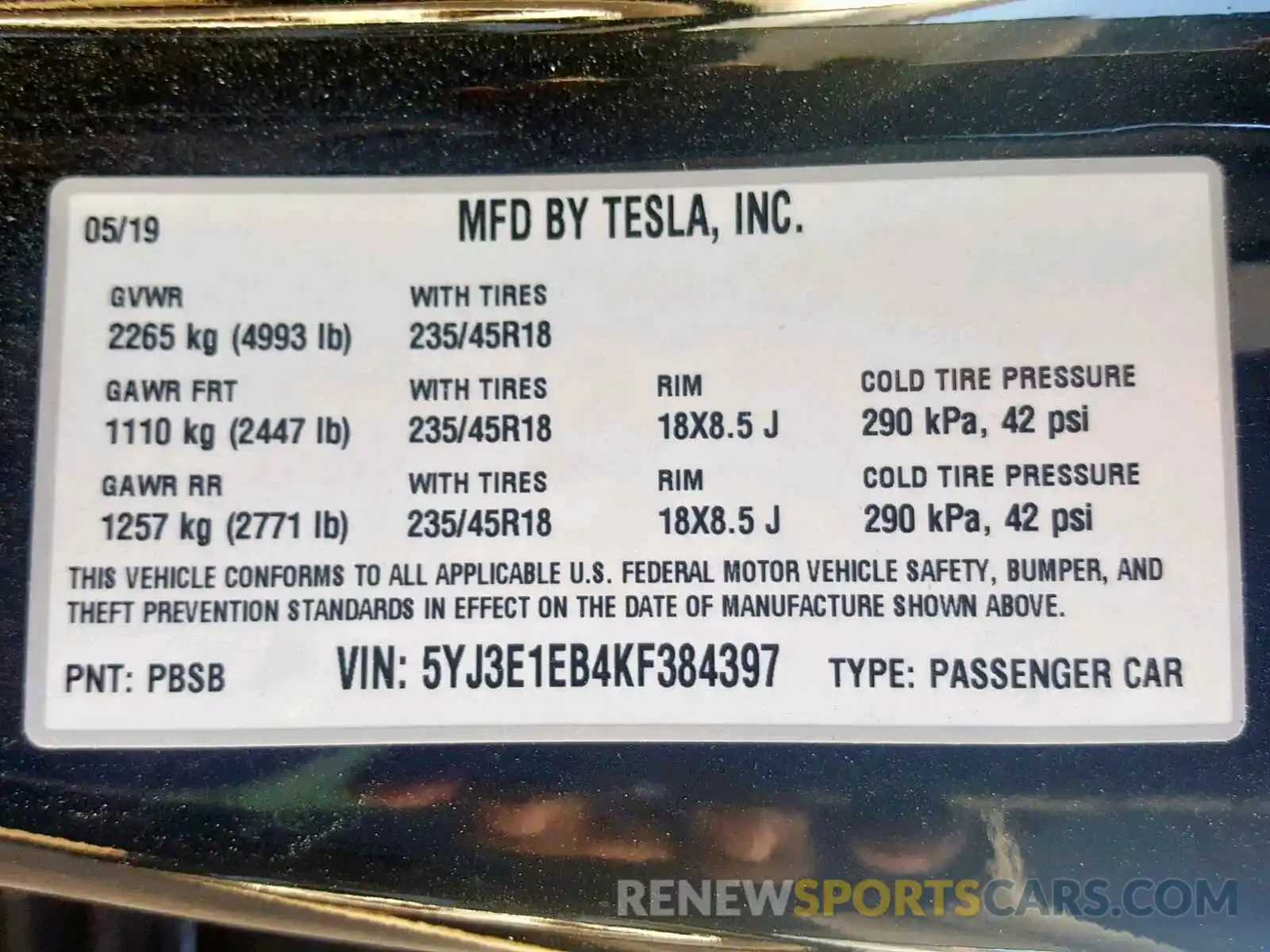 10 Photograph of a damaged car 5YJ3E1EB4KF384397 TESLA MODEL 3 2019