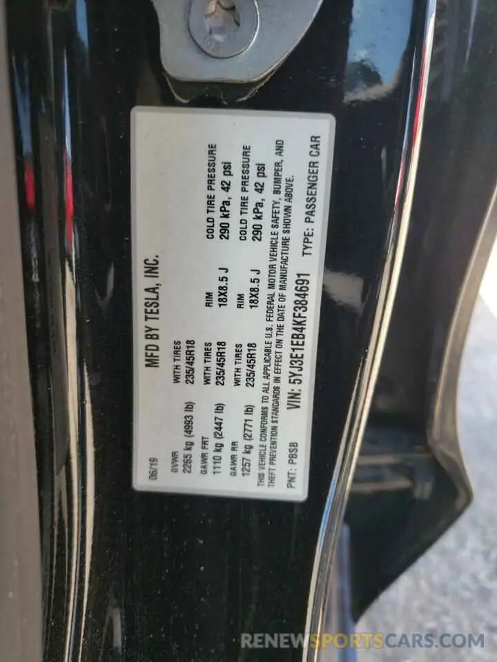 12 Photograph of a damaged car 5YJ3E1EB4KF384691 TESLA MODEL 3 2019