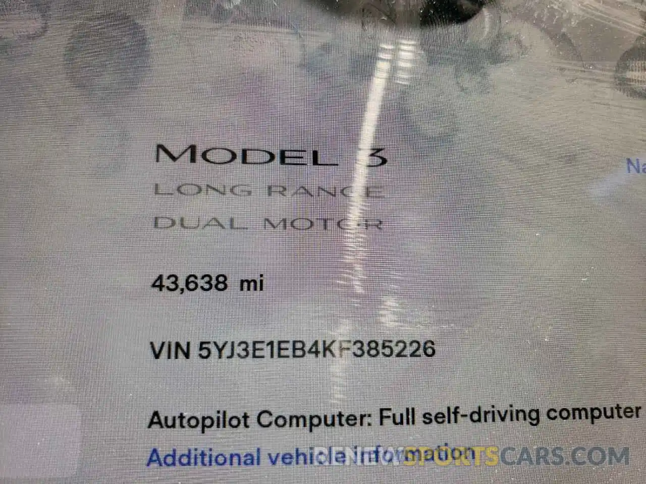 8 Photograph of a damaged car 5YJ3E1EB4KF385226 TESLA MODEL 3 2019