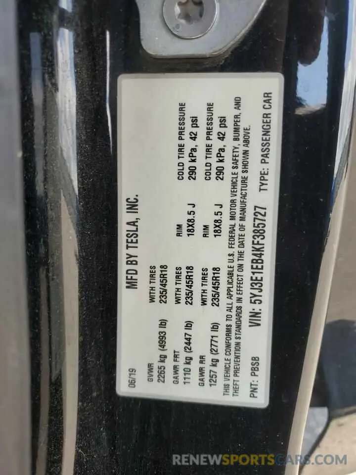 12 Photograph of a damaged car 5YJ3E1EB4KF385727 TESLA MODEL 3 2019
