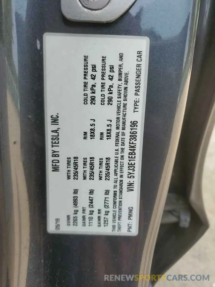 12 Photograph of a damaged car 5YJ3E1EB4KF386196 TESLA MODEL 3 2019