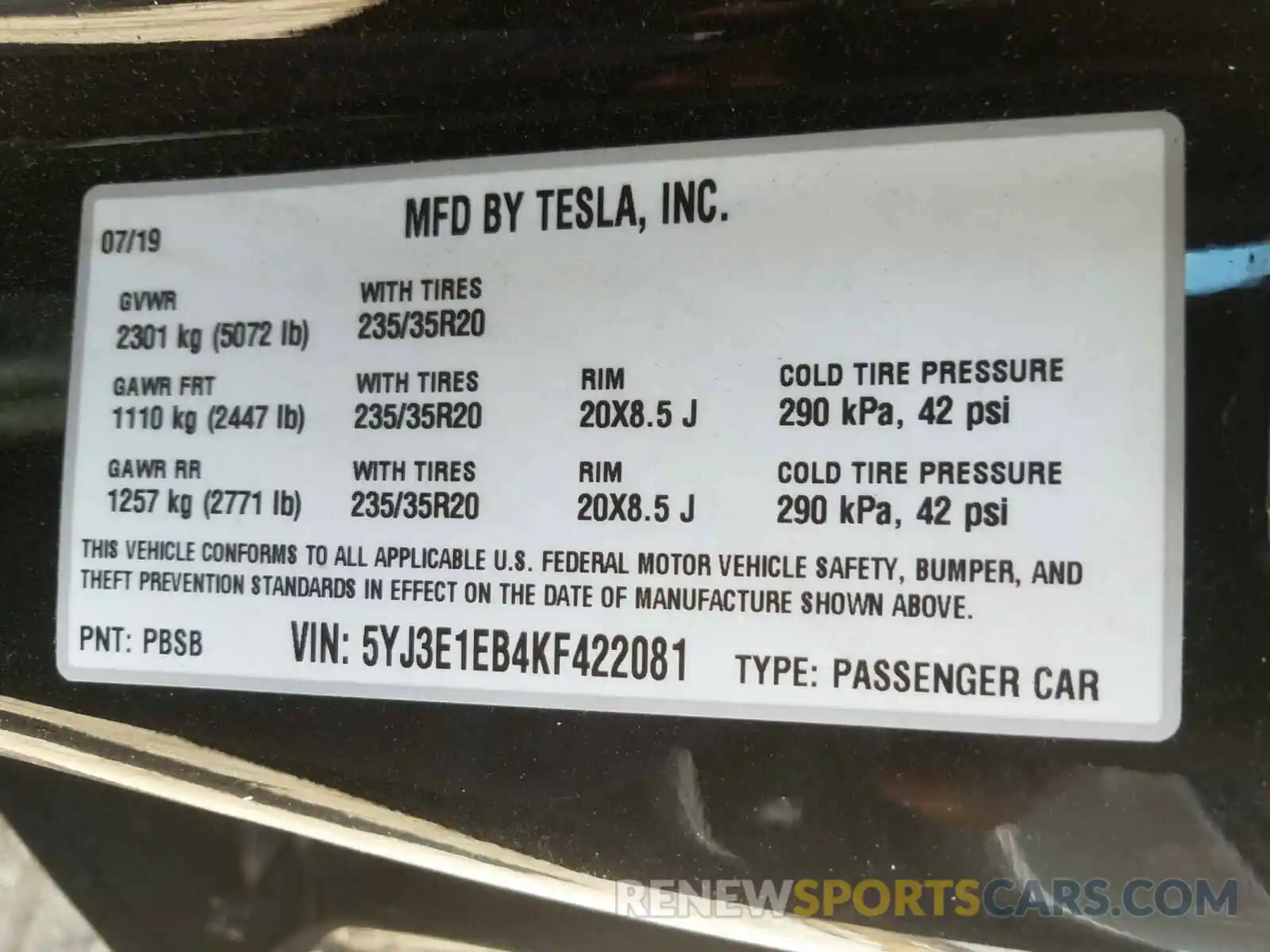 10 Photograph of a damaged car 5YJ3E1EB4KF422081 TESLA MODEL 3 2019