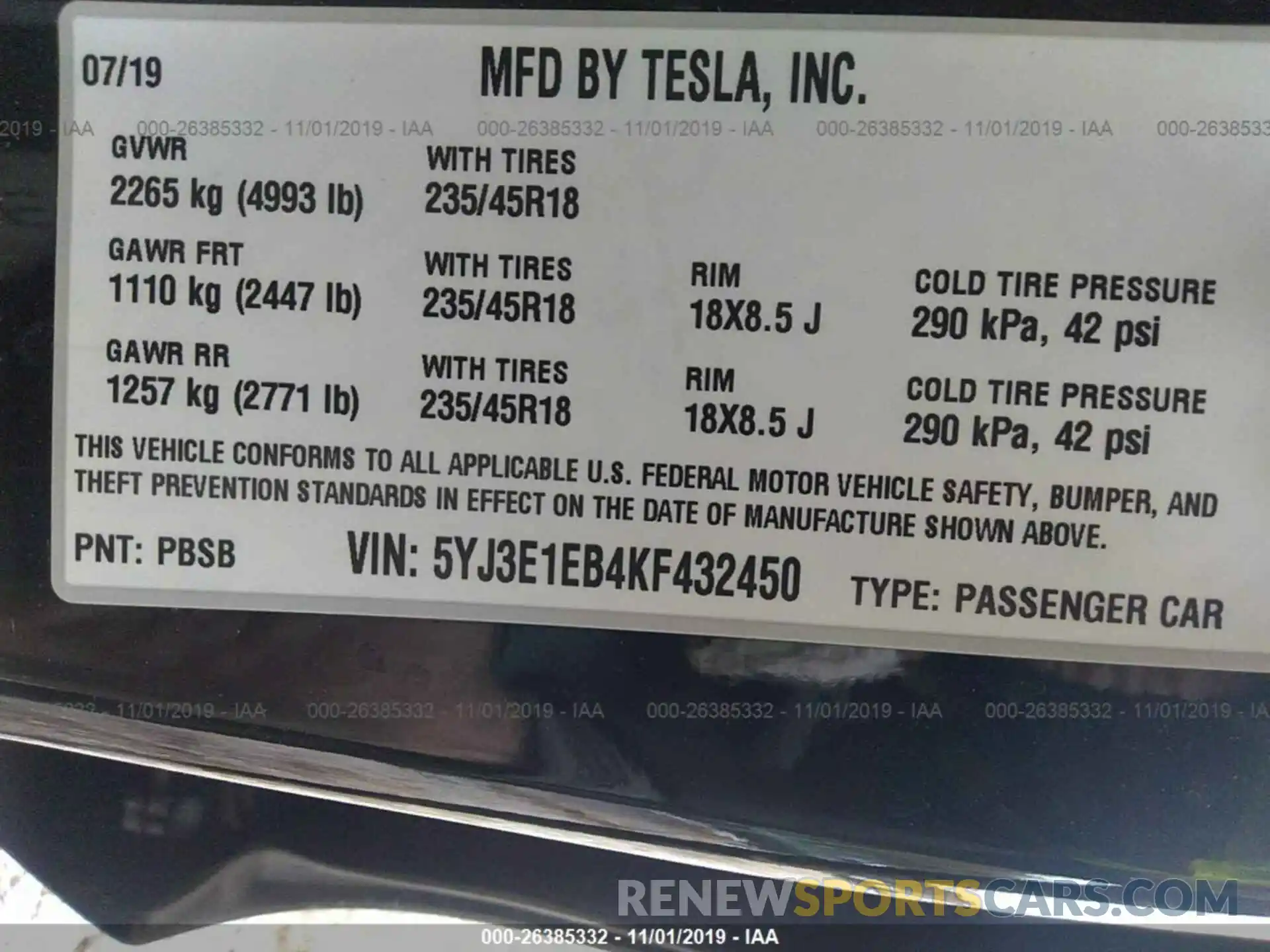 9 Photograph of a damaged car 5YJ3E1EB4KF432450 TESLA MODEL 3 2019