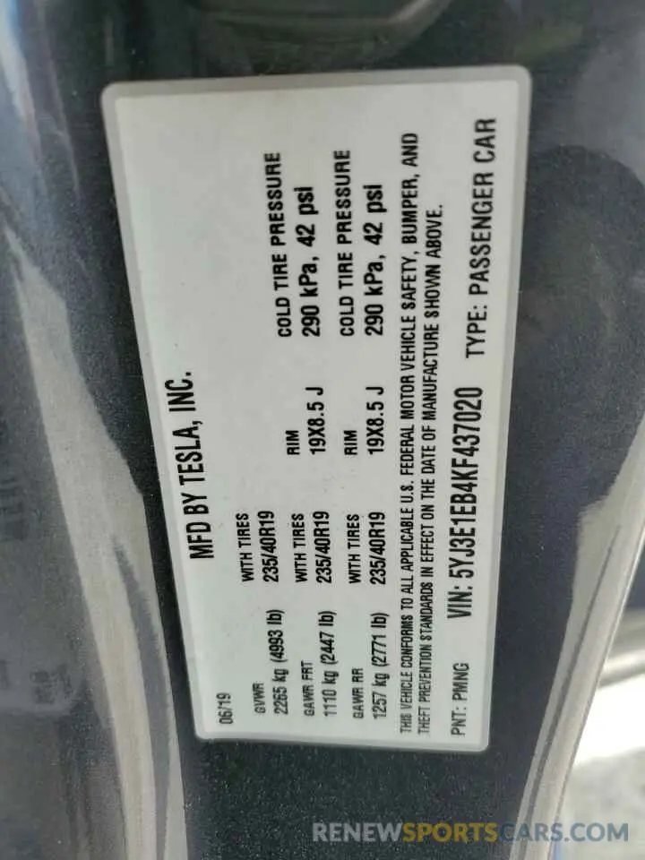 13 Photograph of a damaged car 5YJ3E1EB4KF437020 TESLA MODEL 3 2019