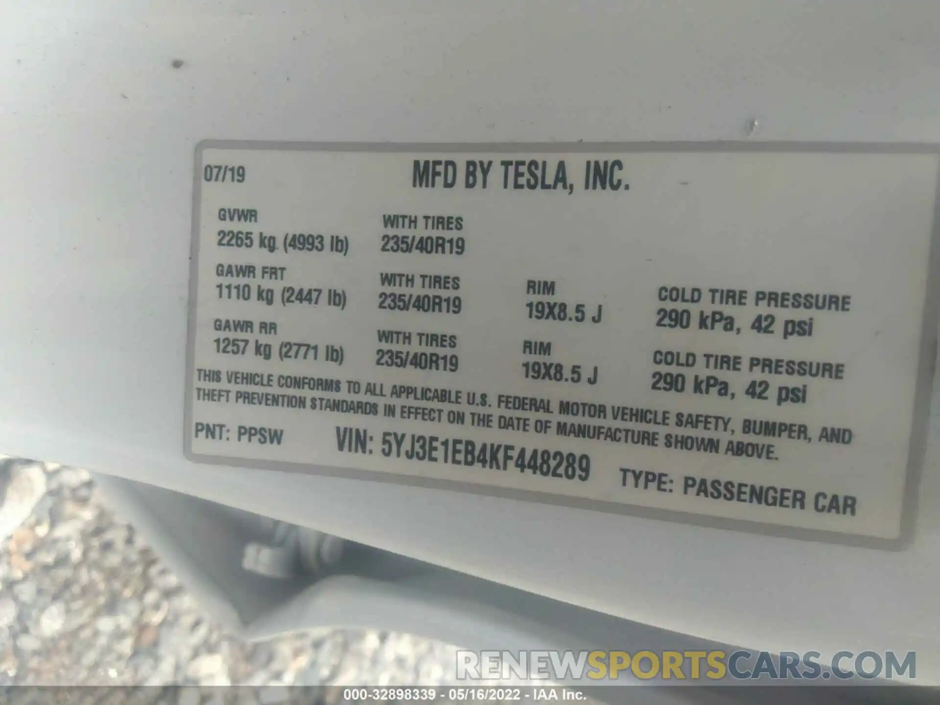 9 Photograph of a damaged car 5YJ3E1EB4KF448289 TESLA MODEL 3 2019