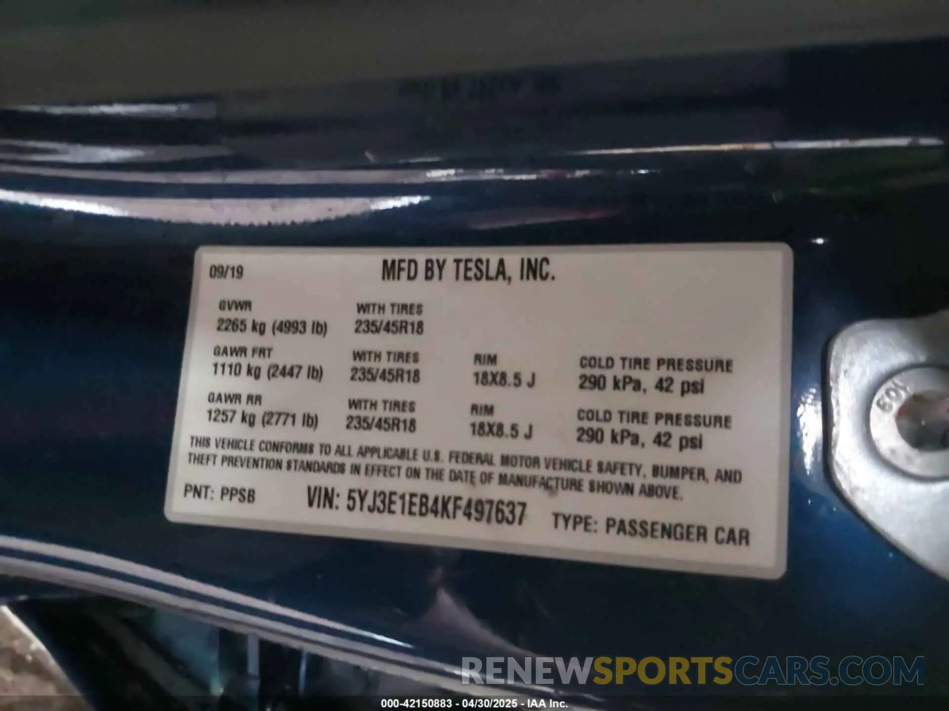 9 Photograph of a damaged car 5YJ3E1EB4KF497637 TESLA MODEL 3 2019