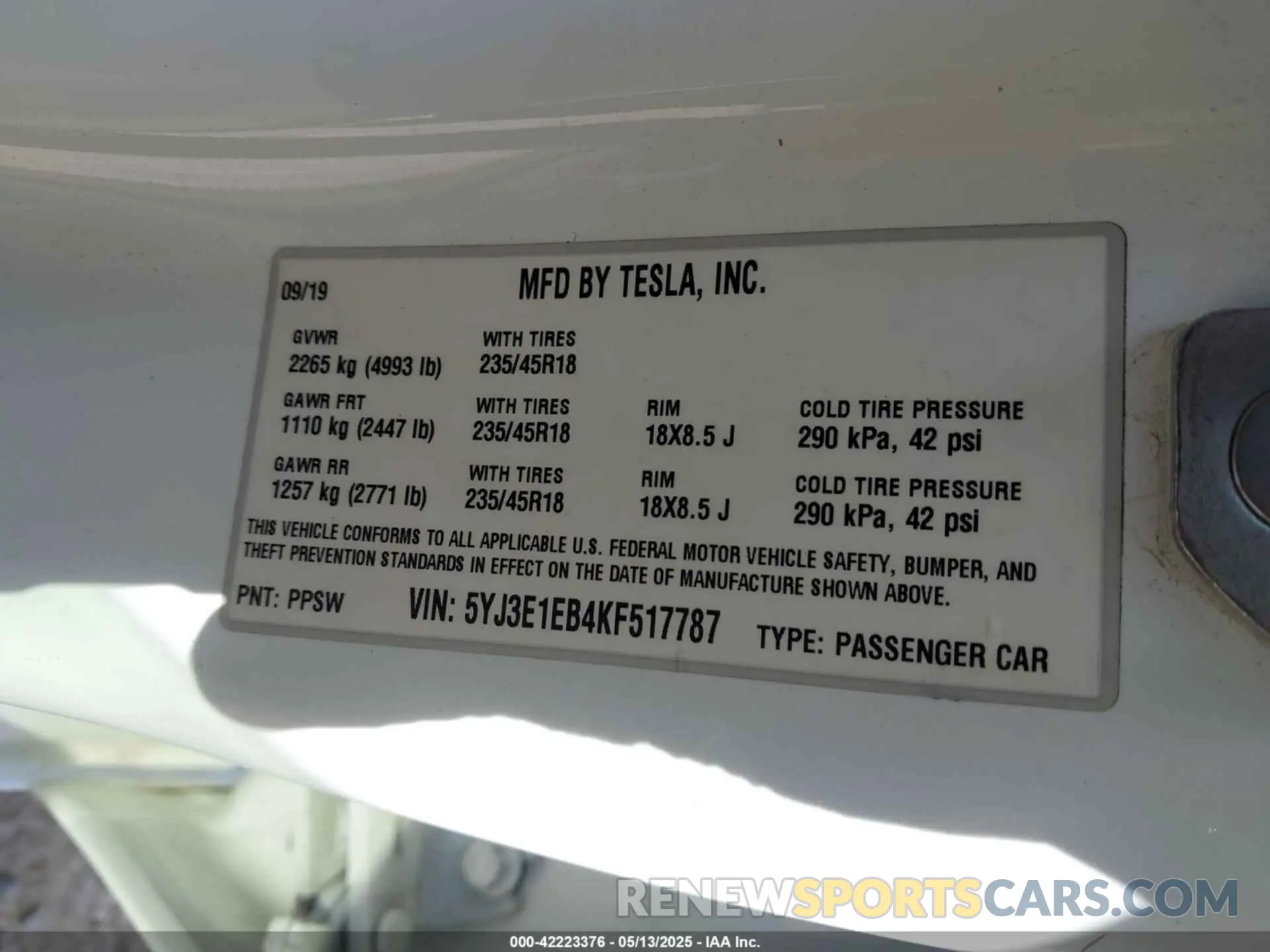 9 Photograph of a damaged car 5YJ3E1EB4KF517787 TESLA MODEL 3 2019