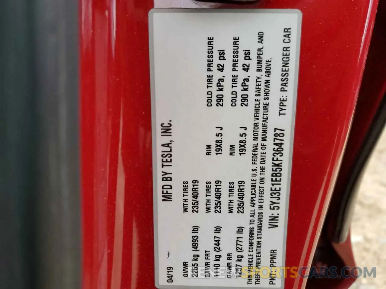 12 Photograph of a damaged car 5YJ3E1EB5KF364787 TESLA MODEL 3 2019