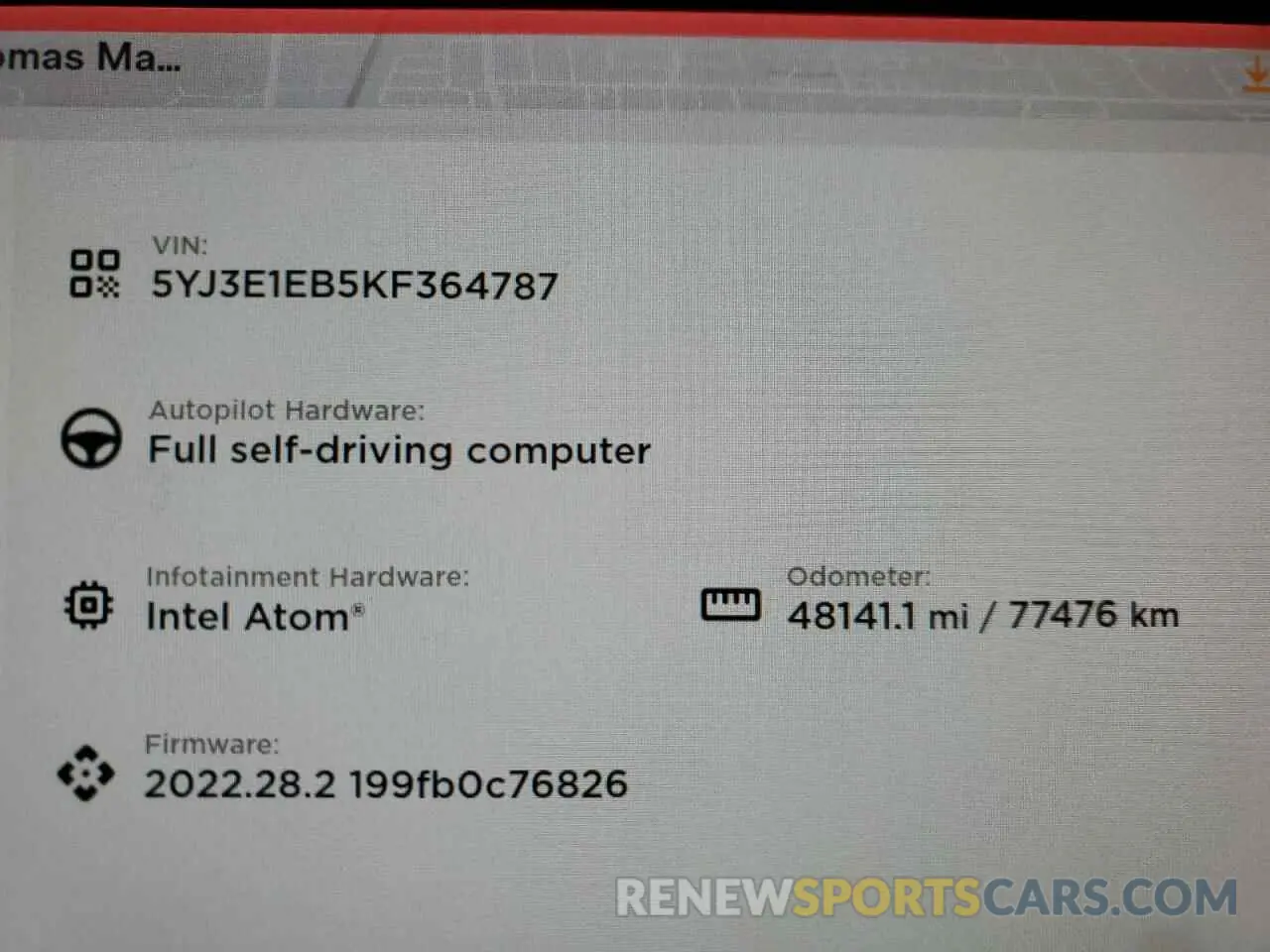 9 Photograph of a damaged car 5YJ3E1EB5KF364787 TESLA MODEL 3 2019