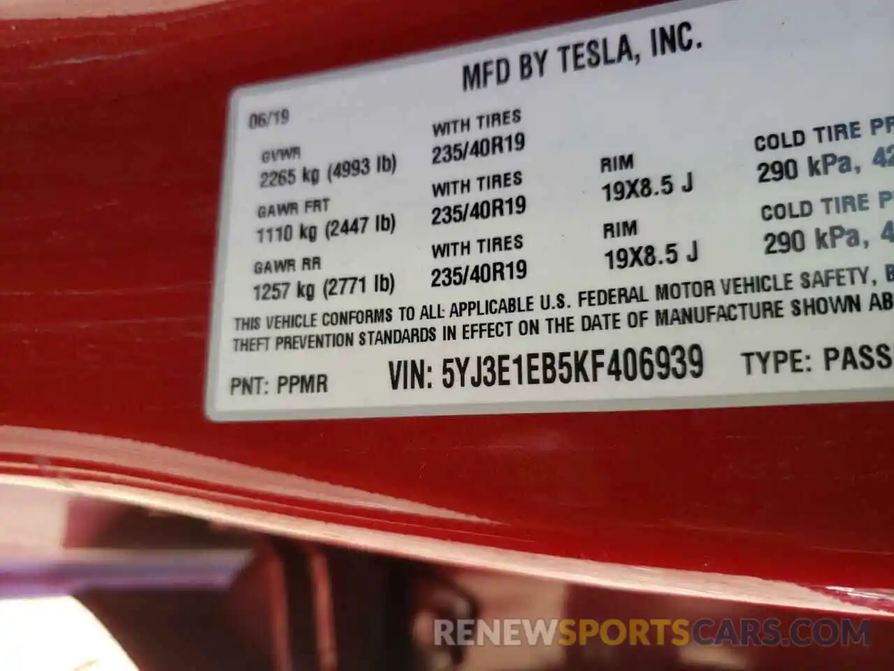 10 Photograph of a damaged car 5YJ3E1EB5KF406939 TESLA MODEL 3 2019