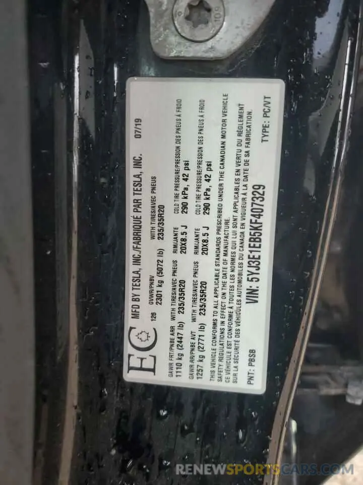 12 Photograph of a damaged car 5YJ3E1EB5KF407329 TESLA MODEL 3 2019