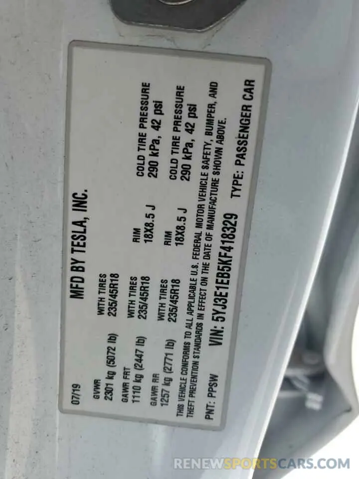 12 Photograph of a damaged car 5YJ3E1EB5KF418329 TESLA MODEL 3 2019