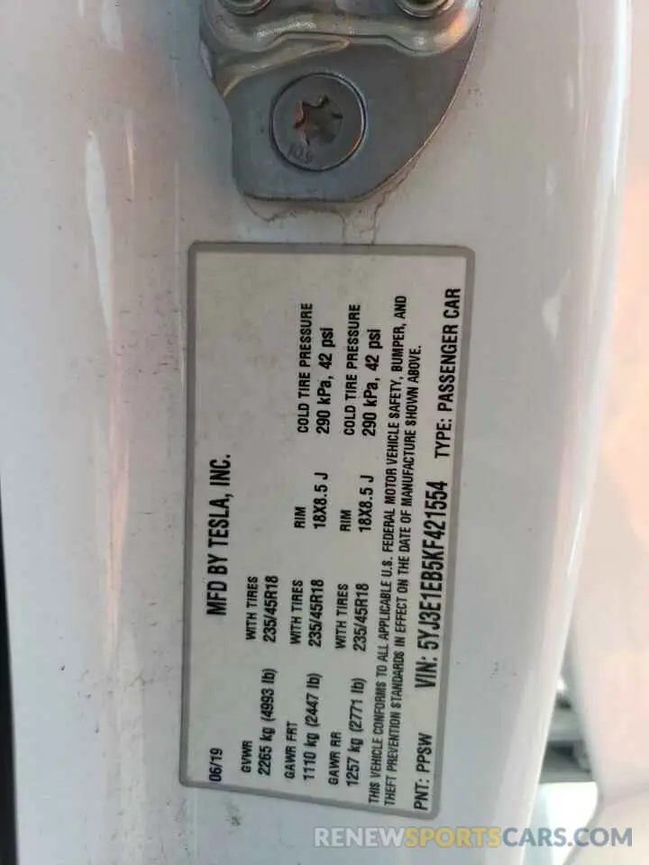 13 Photograph of a damaged car 5YJ3E1EB5KF421554 TESLA MODEL 3 2019