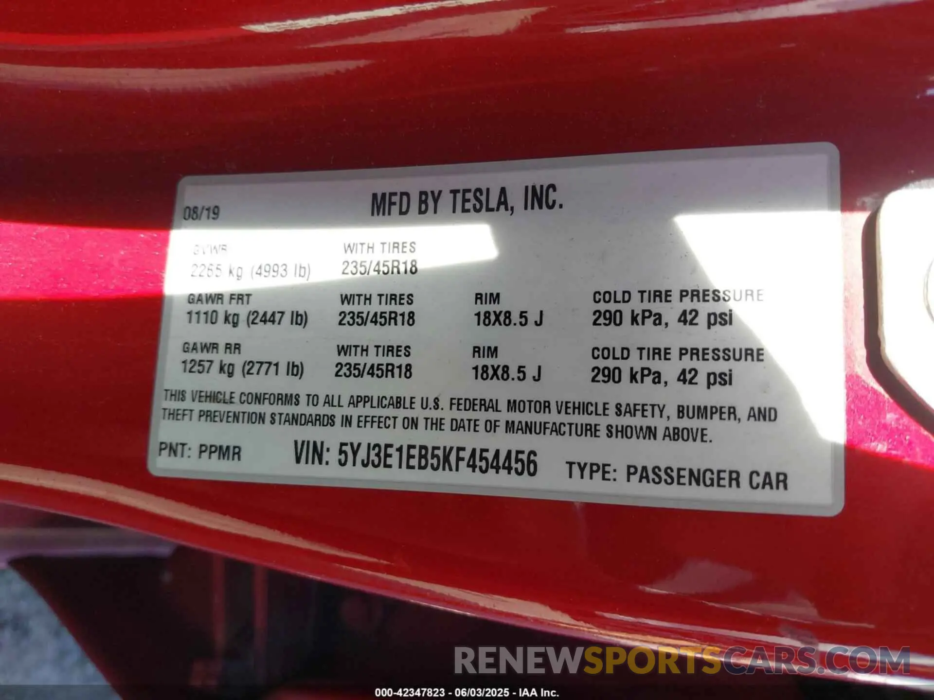 9 Photograph of a damaged car 5YJ3E1EB5KF454456 TESLA MODEL 3 2019