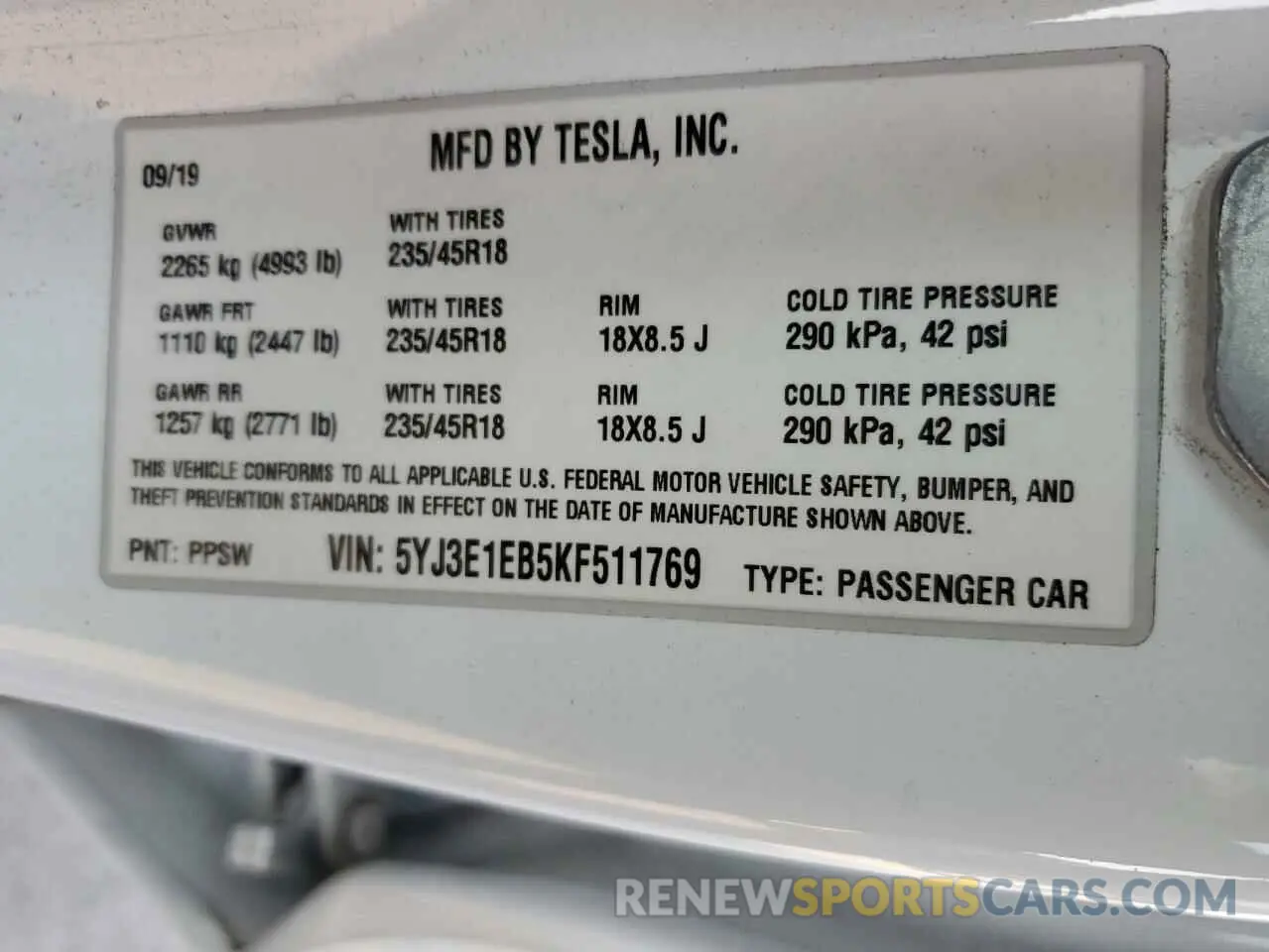 12 Photograph of a damaged car 5YJ3E1EB5KF511769 TESLA MODEL 3 2019