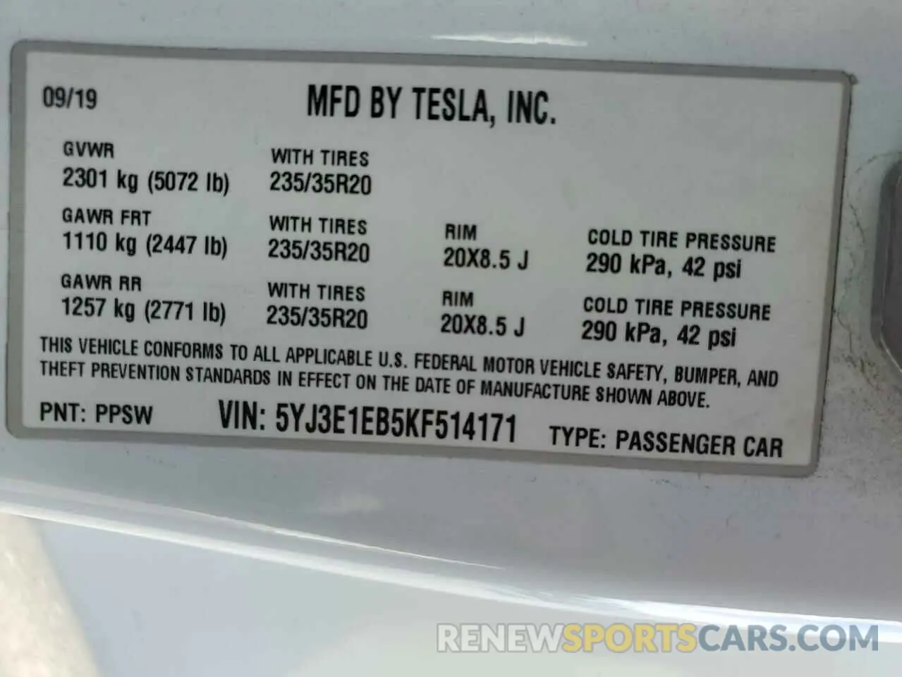 14 Photograph of a damaged car 5YJ3E1EB5KF514171 TESLA MODEL 3 2019