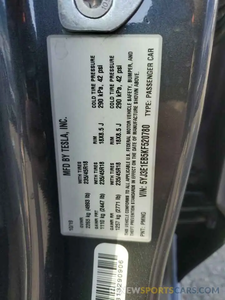 12 Photograph of a damaged car 5YJ3E1EB5KF520780 TESLA MODEL 3 2019