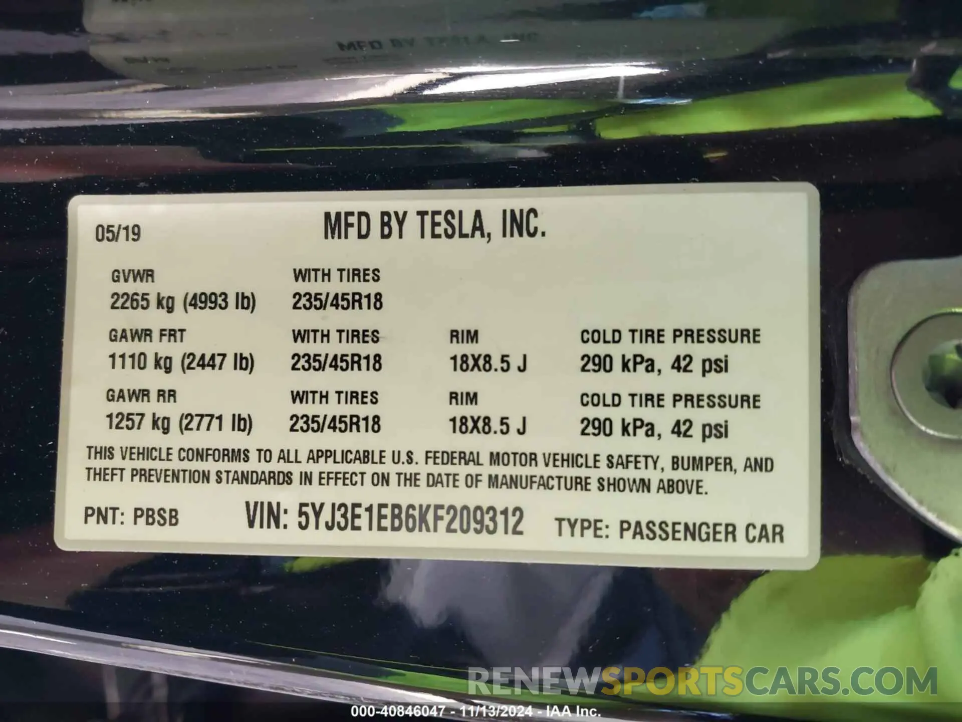 9 Photograph of a damaged car 5YJ3E1EB6KF209312 TESLA MODEL 3 2019