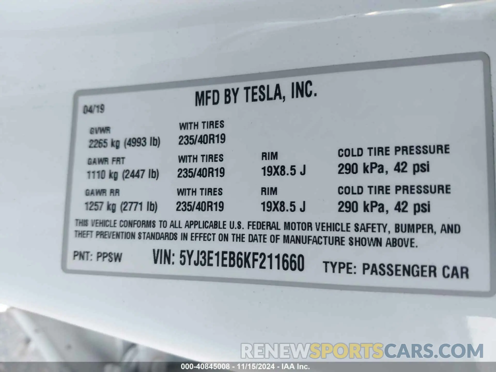 9 Photograph of a damaged car 5YJ3E1EB6KF211660 TESLA MODEL 3 2019