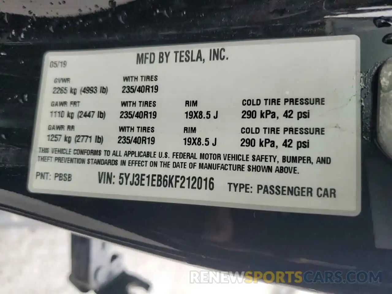 13 Photograph of a damaged car 5YJ3E1EB6KF212016 TESLA MODEL 3 2019