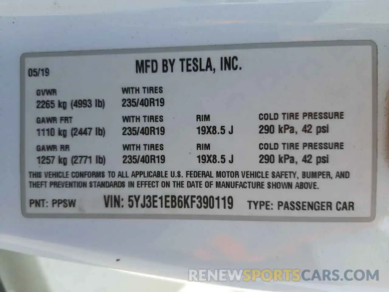 10 Photograph of a damaged car 5YJ3E1EB6KF390119 TESLA MODEL 3 2019