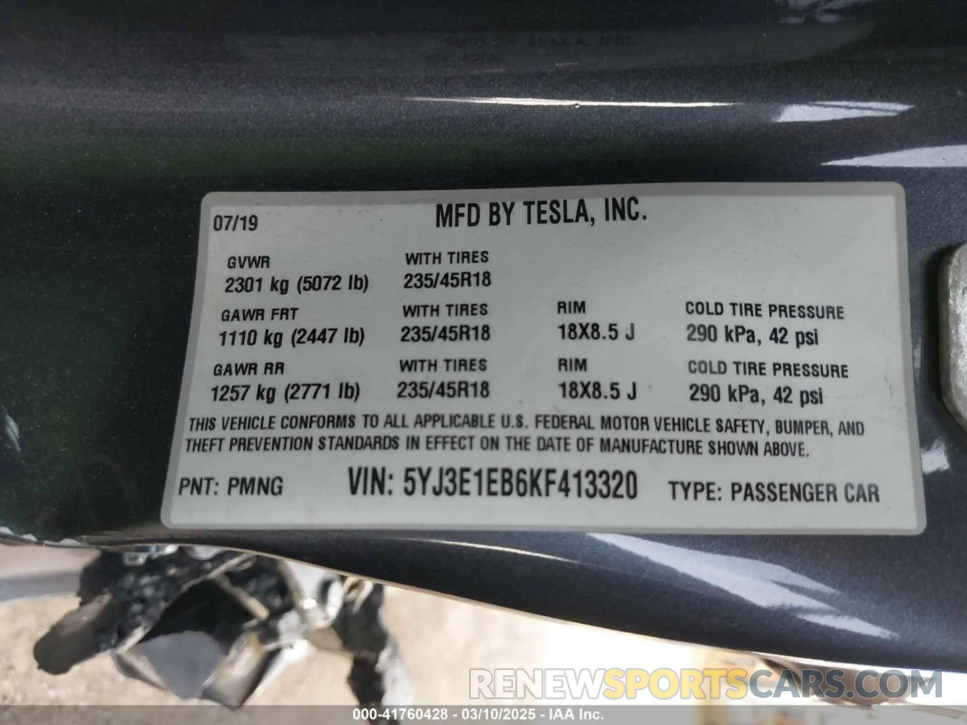 9 Photograph of a damaged car 5YJ3E1EB6KF413320 TESLA MODEL 3 2019
