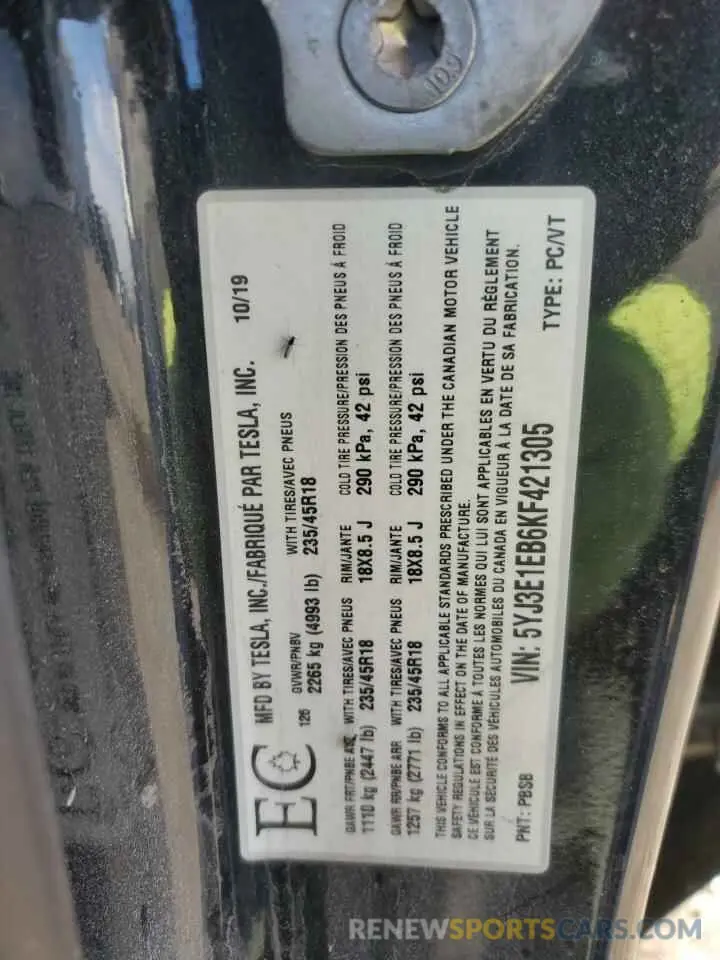 12 Photograph of a damaged car 5YJ3E1EB6KF421305 TESLA MODEL 3 2019