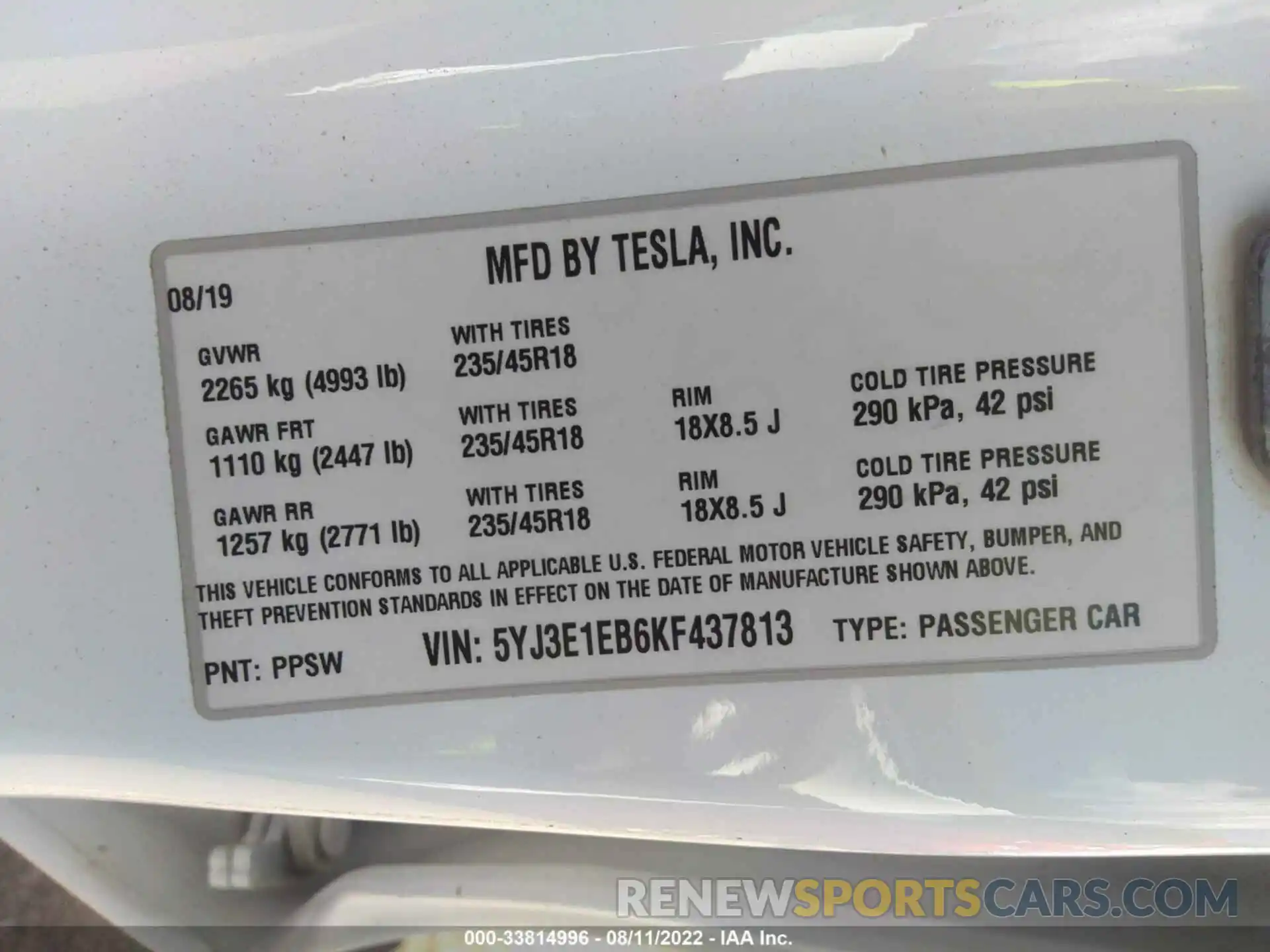 9 Photograph of a damaged car 5YJ3E1EB6KF437813 TESLA MODEL 3 2019