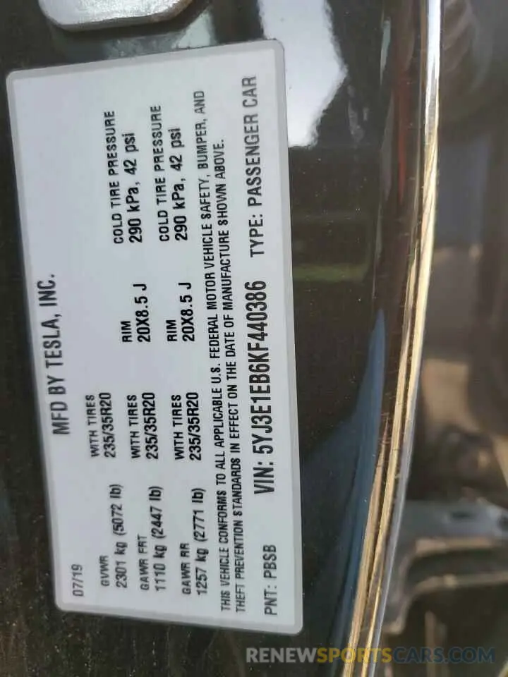 12 Photograph of a damaged car 5YJ3E1EB6KF440386 TESLA MODEL 3 2019