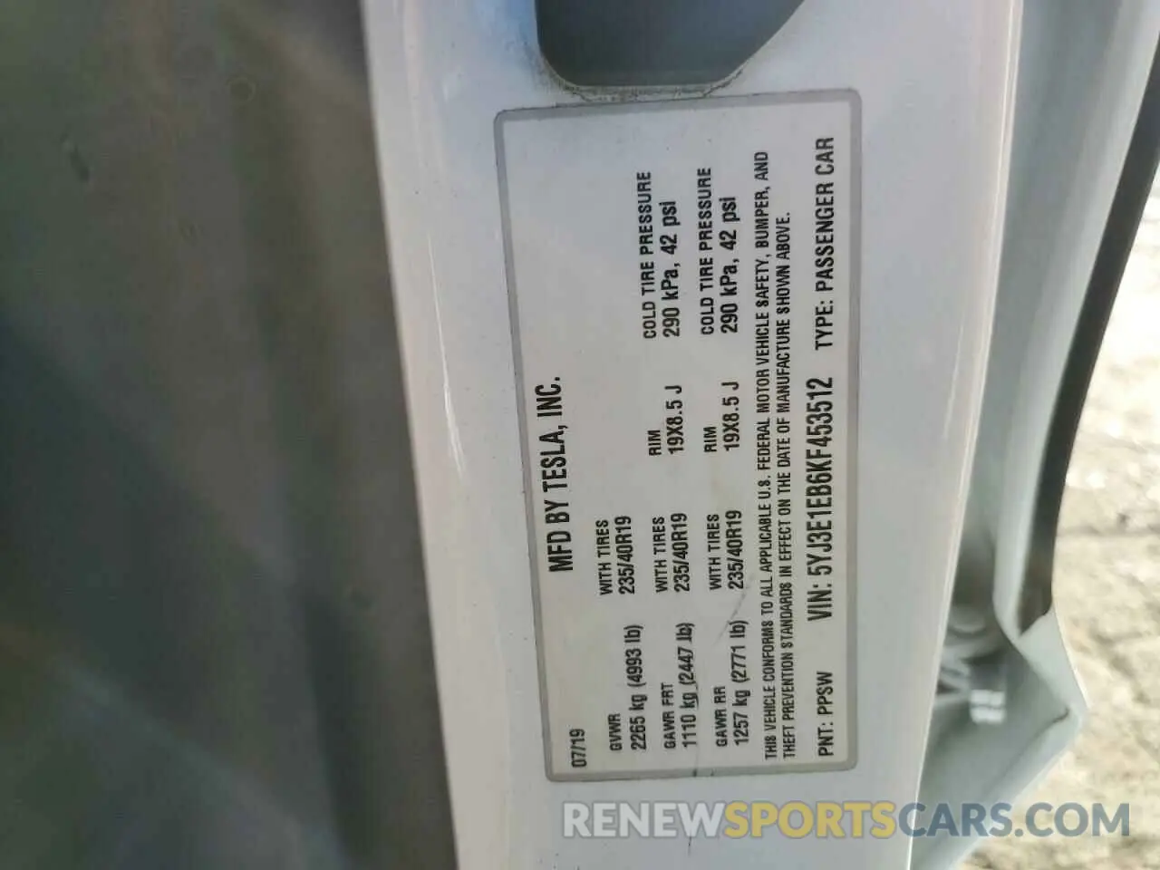 12 Photograph of a damaged car 5YJ3E1EB6KF453512 TESLA MODEL 3 2019