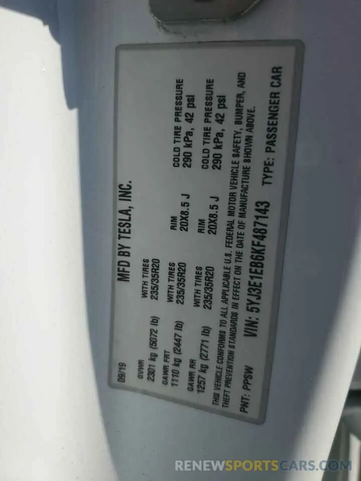 12 Photograph of a damaged car 5YJ3E1EB6KF487143 TESLA MODEL 3 2019