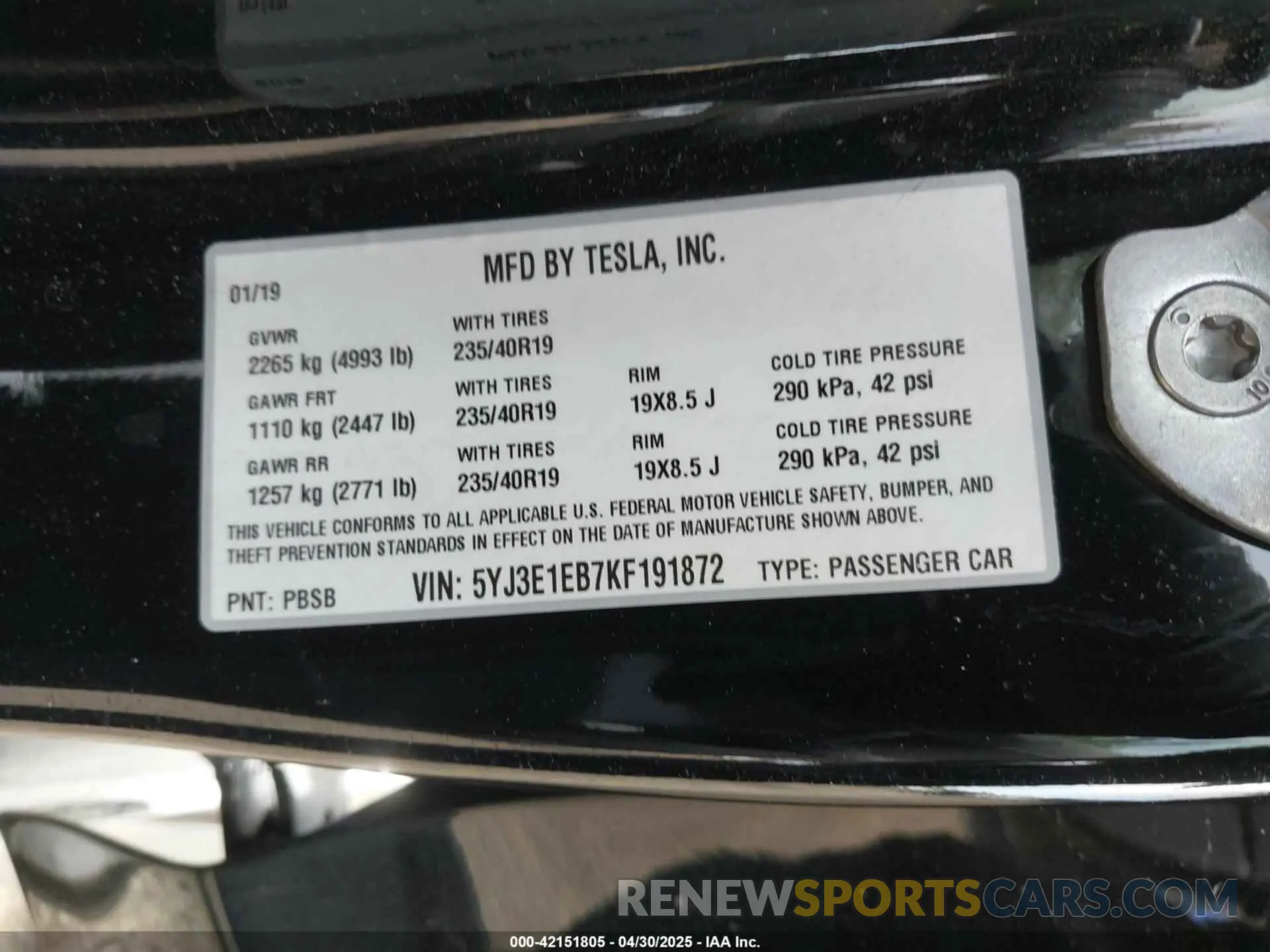 9 Photograph of a damaged car 5YJ3E1EB7KF191872 TESLA MODEL 3 2019