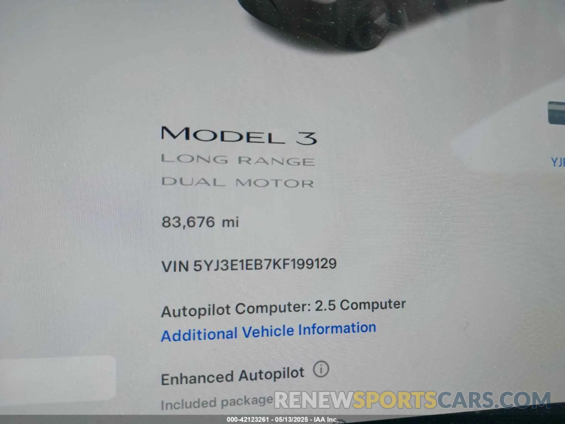 7 Photograph of a damaged car 5YJ3E1EB7KF199129 TESLA MODEL 3 2019