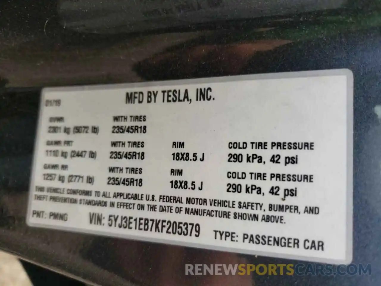 10 Photograph of a damaged car 5YJ3E1EB7KF205379 TESLA MODEL 3 2019