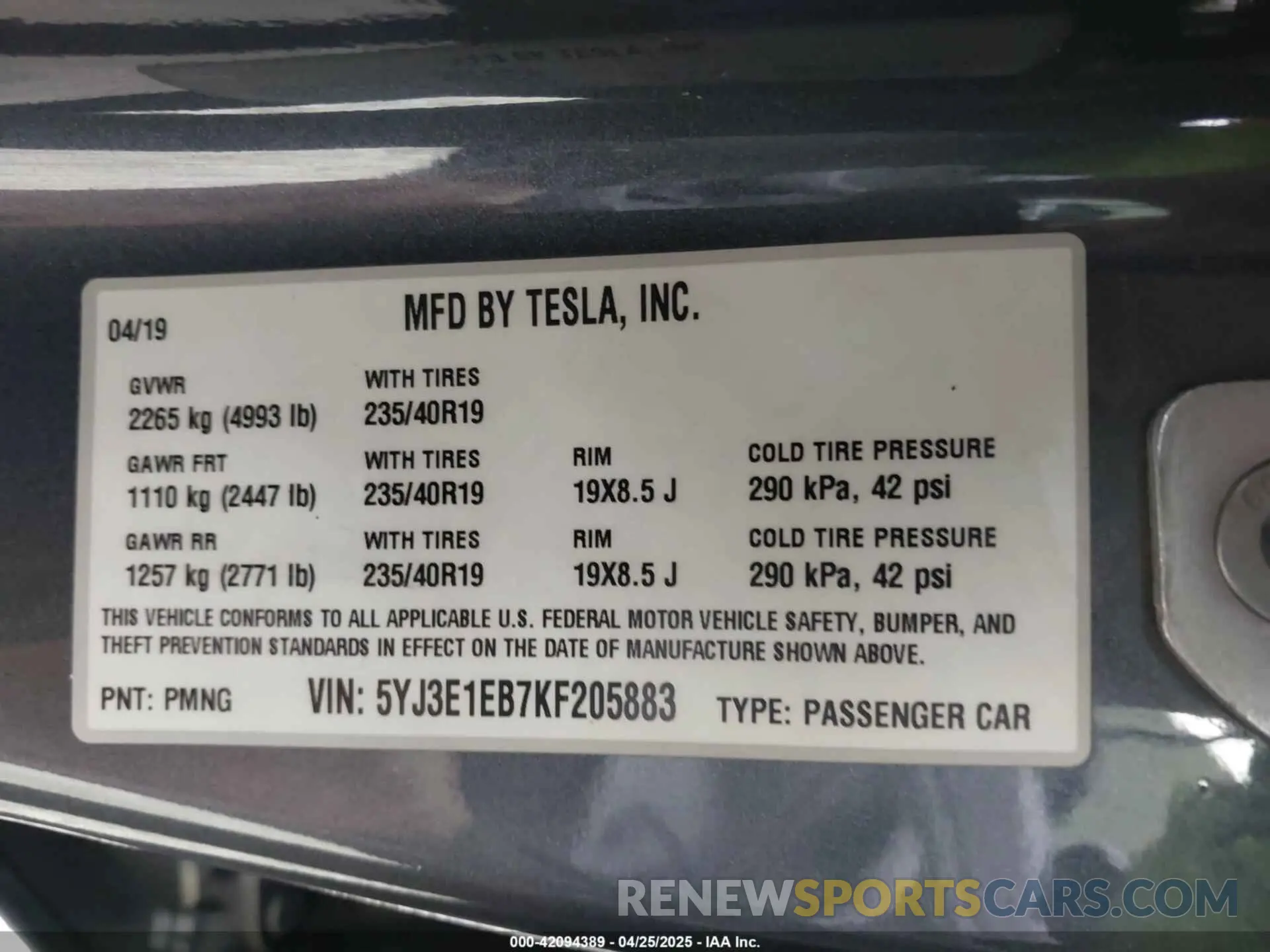 9 Photograph of a damaged car 5YJ3E1EB7KF205883 TESLA MODEL 3 2019