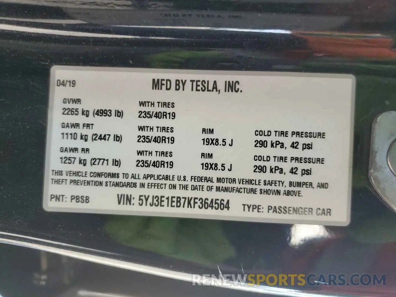 14 Photograph of a damaged car 5YJ3E1EB7KF364564 TESLA MODEL 3 2019