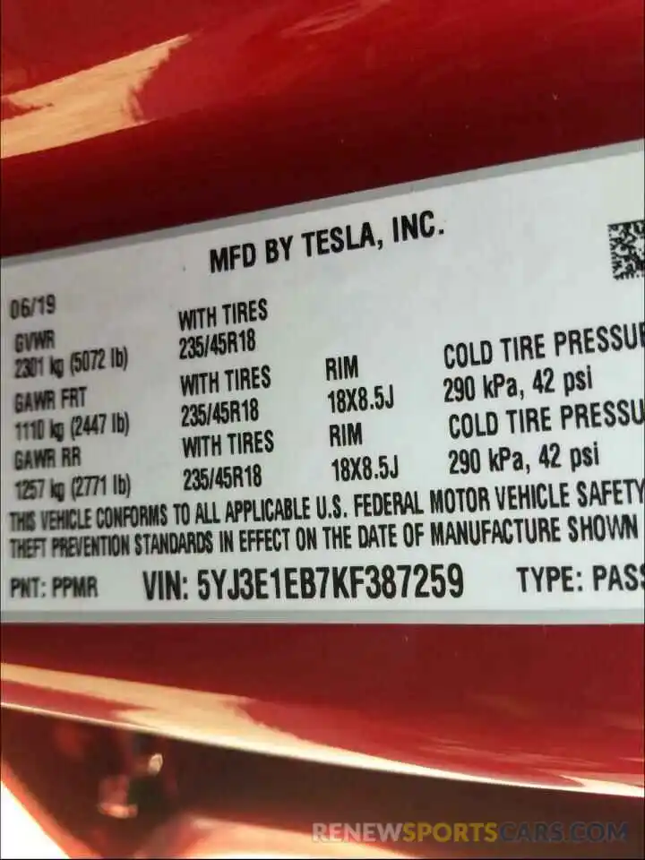 10 Photograph of a damaged car 5YJ3E1EB7KF387259 TESLA MODEL 3 2019