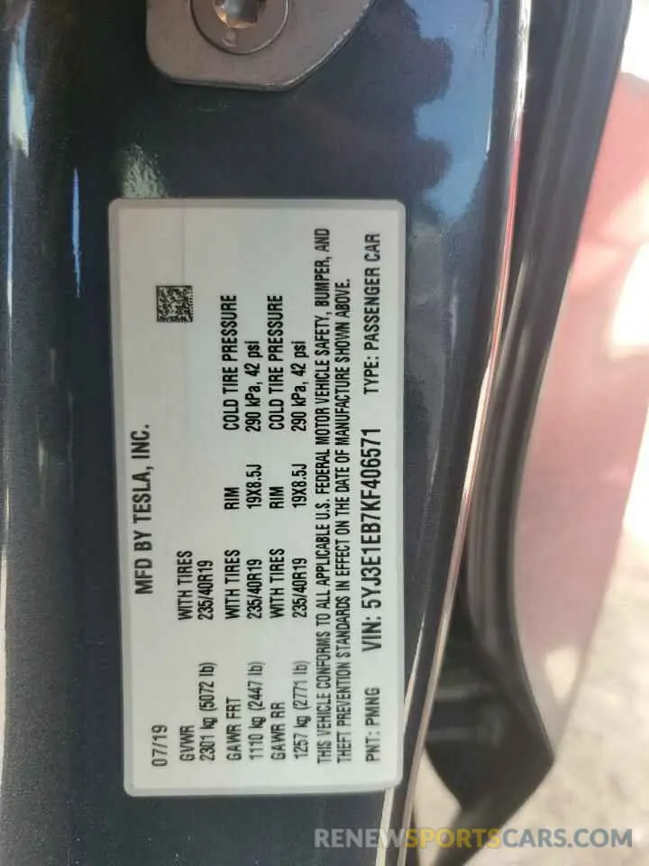 12 Photograph of a damaged car 5YJ3E1EB7KF406571 TESLA MODEL 3 2019