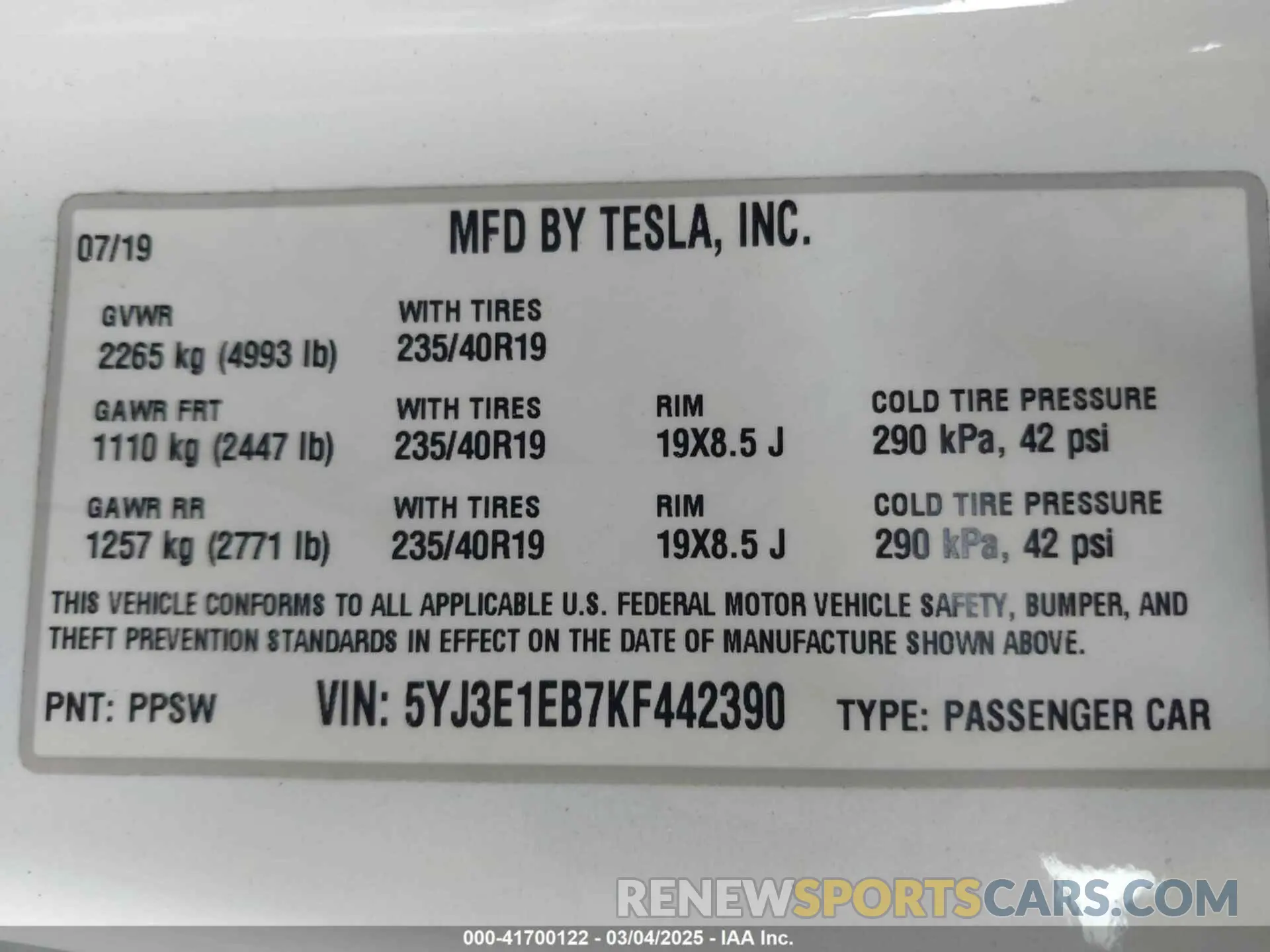 9 Photograph of a damaged car 5YJ3E1EB7KF442390 TESLA MODEL 3 2019